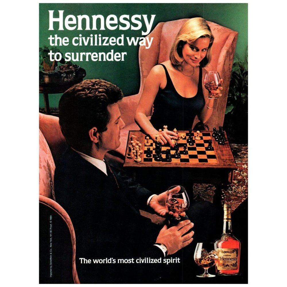 1984 Hennessy Cognac Civilized Surrender Vintage Print Ad Chess Blonde Checkmate